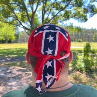 back view of printed rebel skull cap with ties