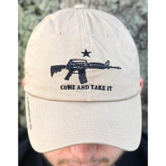 come and take it cap rifle gun hat for sale tan embroidered rife with words embroidered below it come and take it