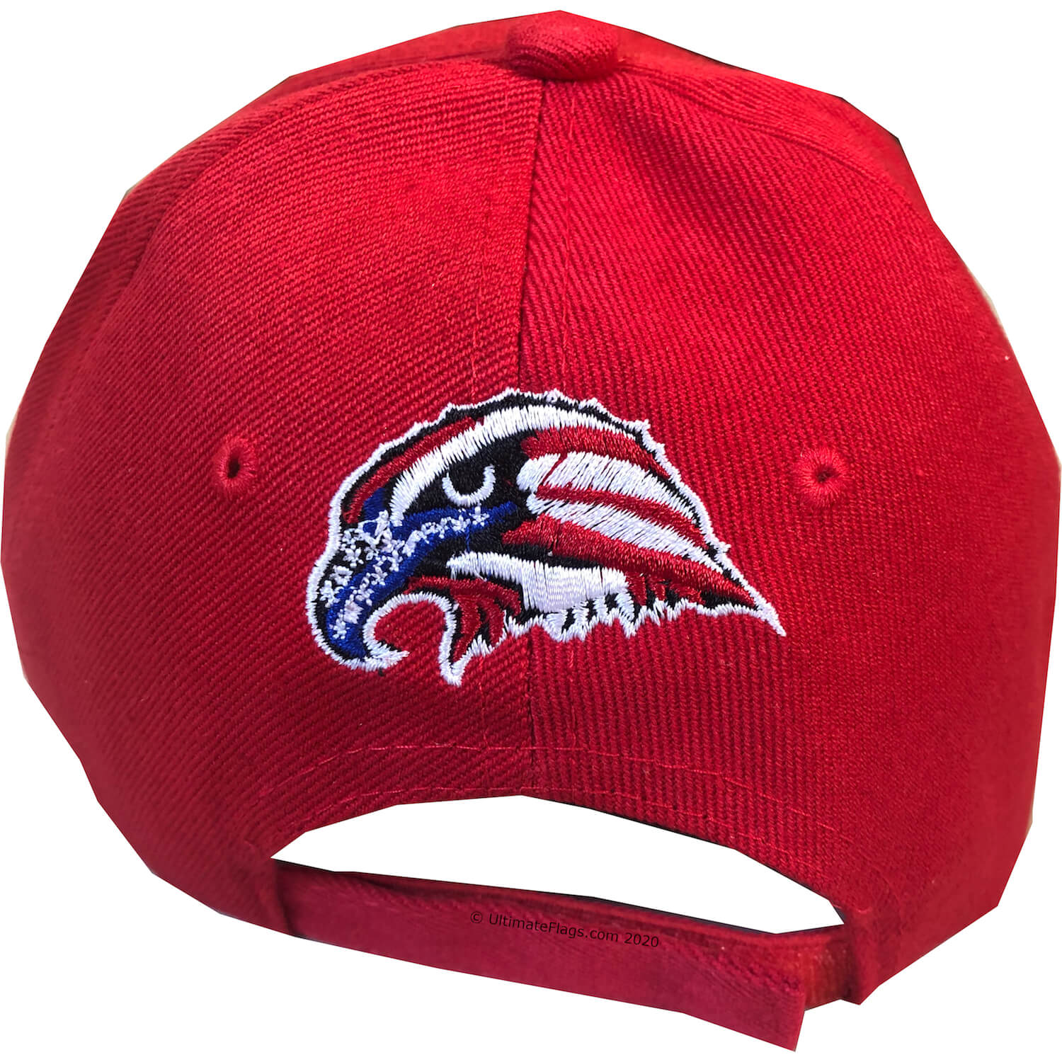 back of red eagle cap embroidery of smaller eagle and adjustable velco