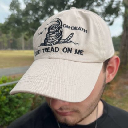 liberty or death dont tread on me snake cap for sale in beige tan soft adjustable ballcap