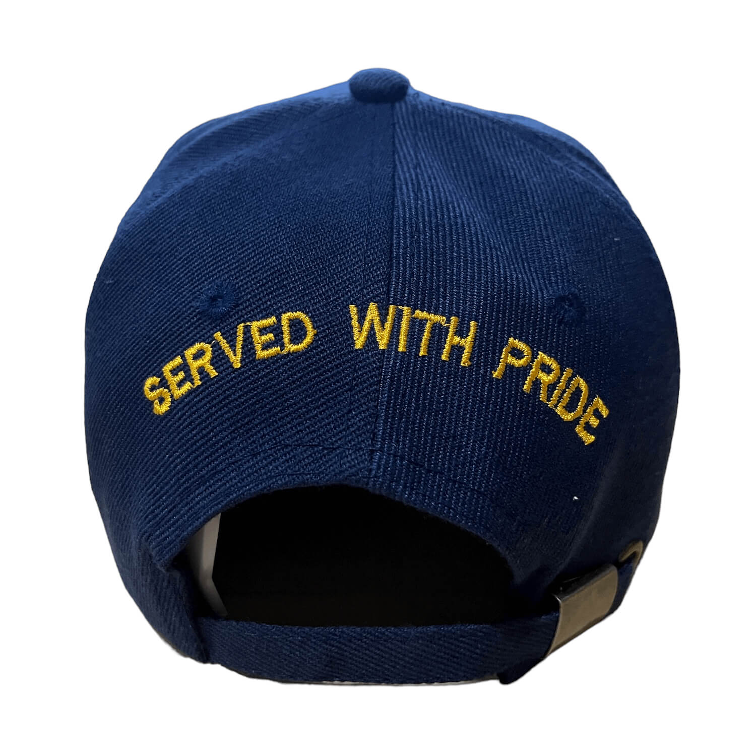 back of us navy retired cap reads served with pride in gold embroidered stitching