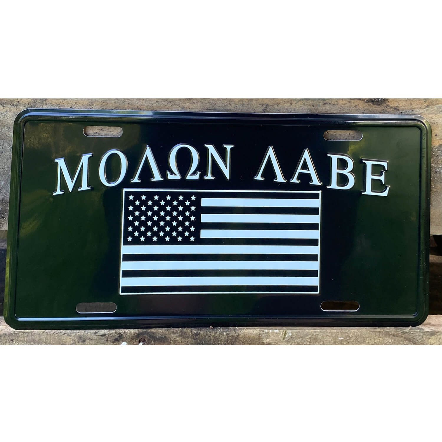 molon labe tag for truck or car black usa flag for defiance