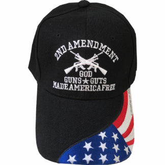god guns guts made america great cap for sale 2nd amendment ballcaps in black and white embroidery of rifles and words