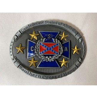 southern cross of honor csa belt buckle with gold stars and blue cross with Confederate flag and seal around it