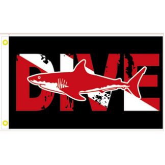 black dive flag with shark and dive work in red/white (similar to diver down flag)