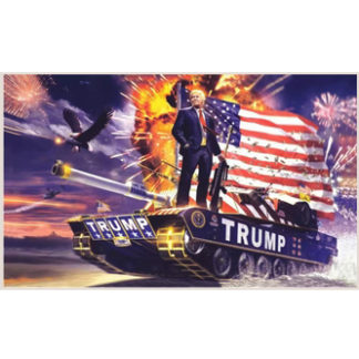 trump on tank flag with USA in background